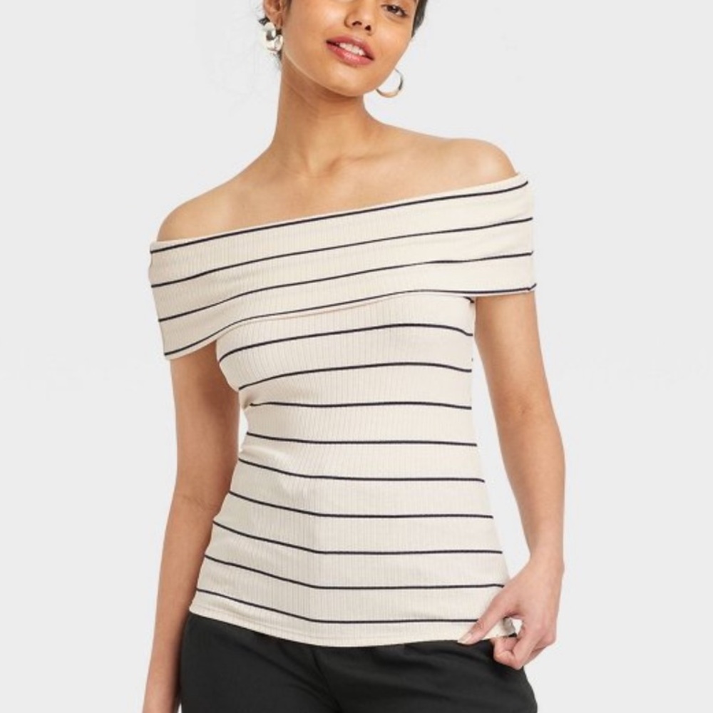 A New Day off shoulder top white navy stripes sweater material size medium